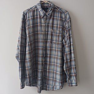 Mens Shirt Ivy Crew Button Down Blue Brown Flannel Plaid Long Sleeve Size XL